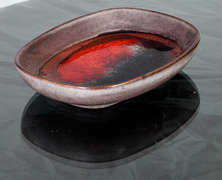 Mid Century Modern Ceramic Karlsruhe Majolika Bowl German Red Grey Studio Vintage Shallow Watercolor Signed Danish Scandinavian European