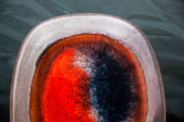 Mid Century Modern Ceramic Karlsruhe Majolika Bowl German Red Grey Studio Vintage Shallow Watercolor Signed Danish Scandinavian European