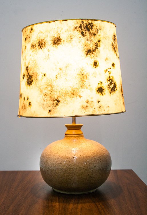 Mid Century Modern Lamp Table Light Ceramic Drip Glaze Round Lighting Gray Black Gold Large 70s Handmade Hand painted Shade