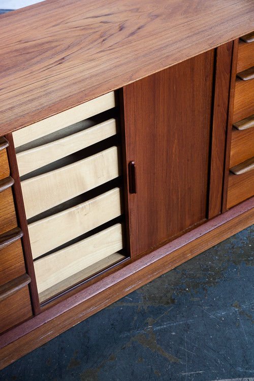 Mid century danish modern credenza dresser falster manufacturer tambour door solid teak large 13 drawers 5 hidden drawers floating dresser