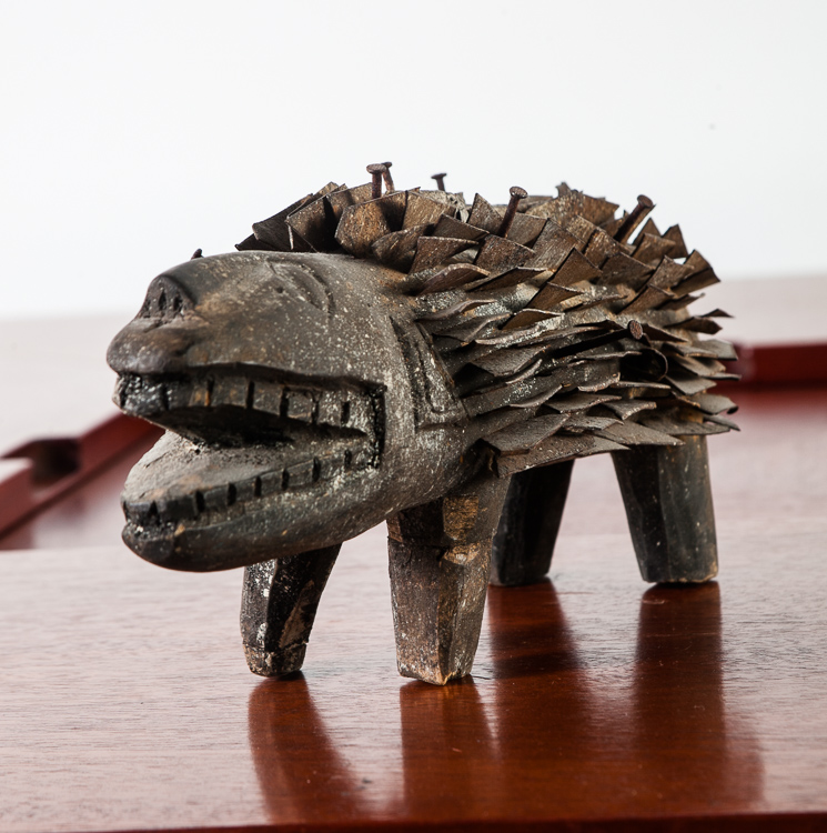 Mid Century Modern Sculpture Metal Animal Hedgehog Wood Hand Carved Original Art