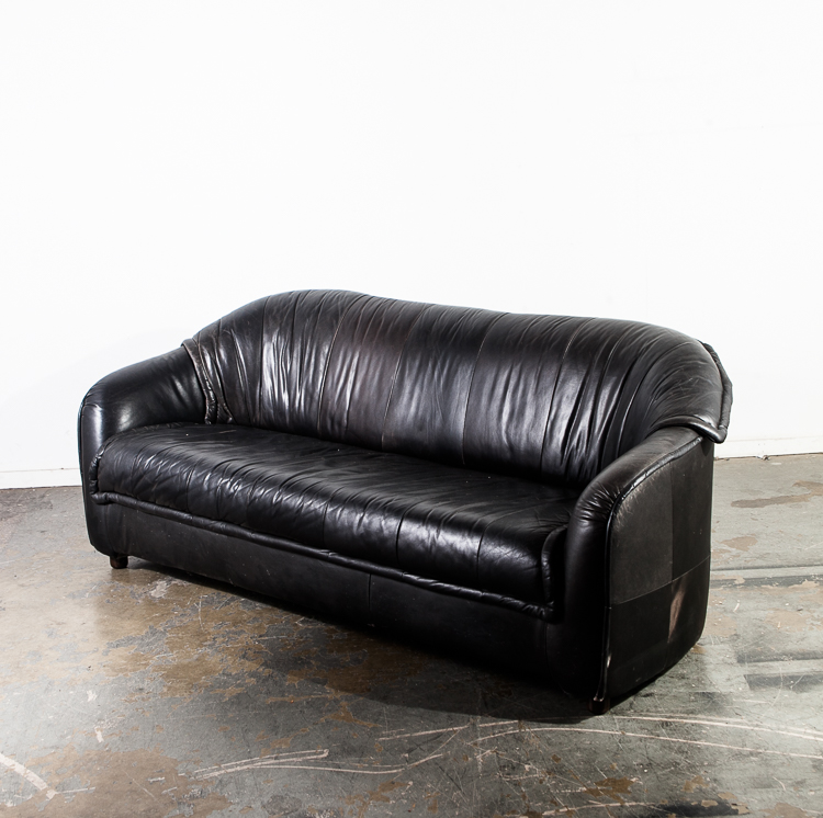 Mid Century Danish Modern Sofa Couch Black Leather Compact Denmark Vintage