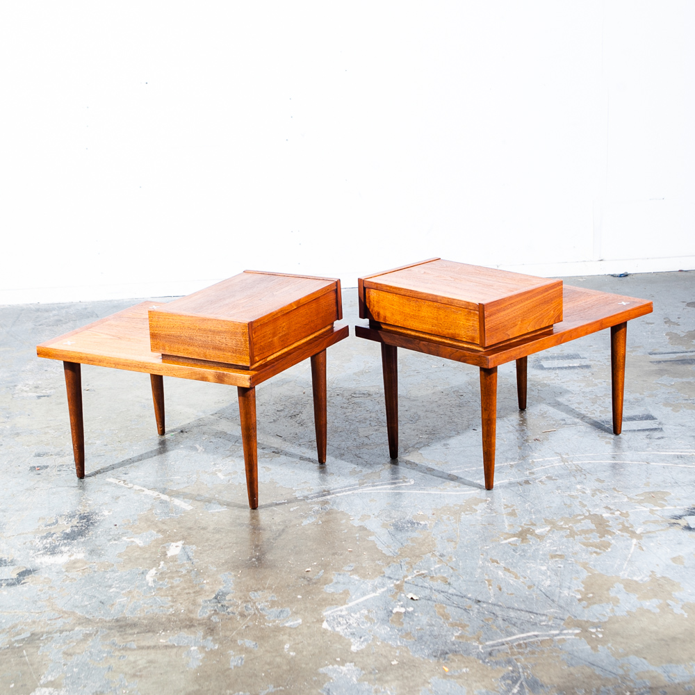 Mid Century Modern Nightstands End Side Tables Set American of Martinsville Drawer Merton Gershun Walnut Drawer - Image 3