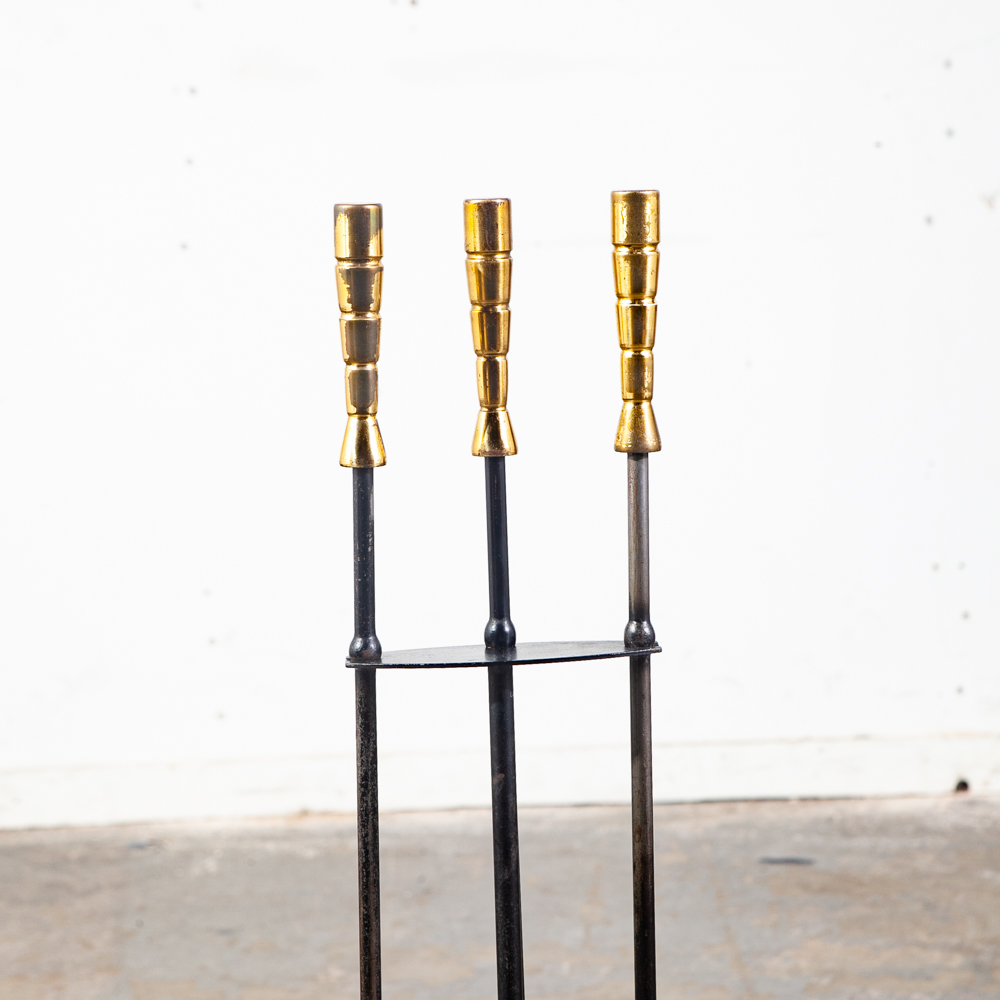 Mid Century Modern Fire Tools Metal Brass Pilgrim Seymour Preway Set Stand Gold - Image 2