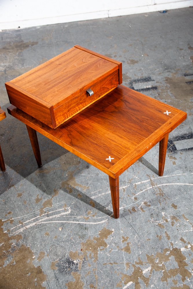 Mid Century Modern Nightstands End Side Tables Set American of Martinsville Drawer Merton Gershun Walnut Drawer - Image 9