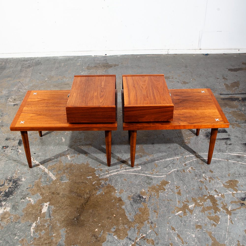 Mid Century Modern Nightstands End Side Tables Set American of Martinsville Drawer Merton Gershun Walnut Drawer - Image 5