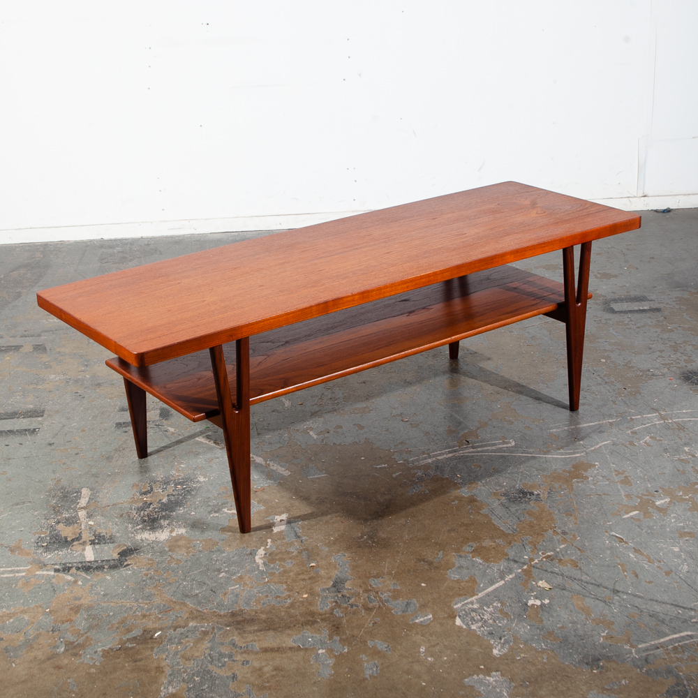 Mid Century Danish Modern Coffee Table Surfboard Shelf Solid Teak Kurt Ostervig for Jason Mobler Restored Vintage
