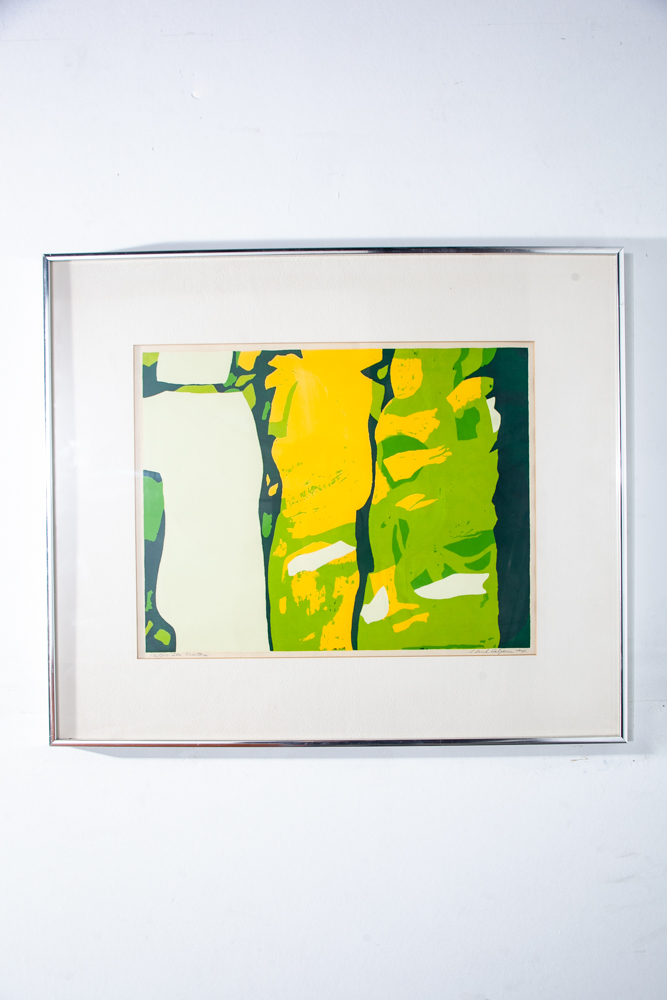 Mid Century Modern Original Art Print Lithograph Screenprint Green Yellow Signed Sylvia Birch Halperin The visitors - Image 2