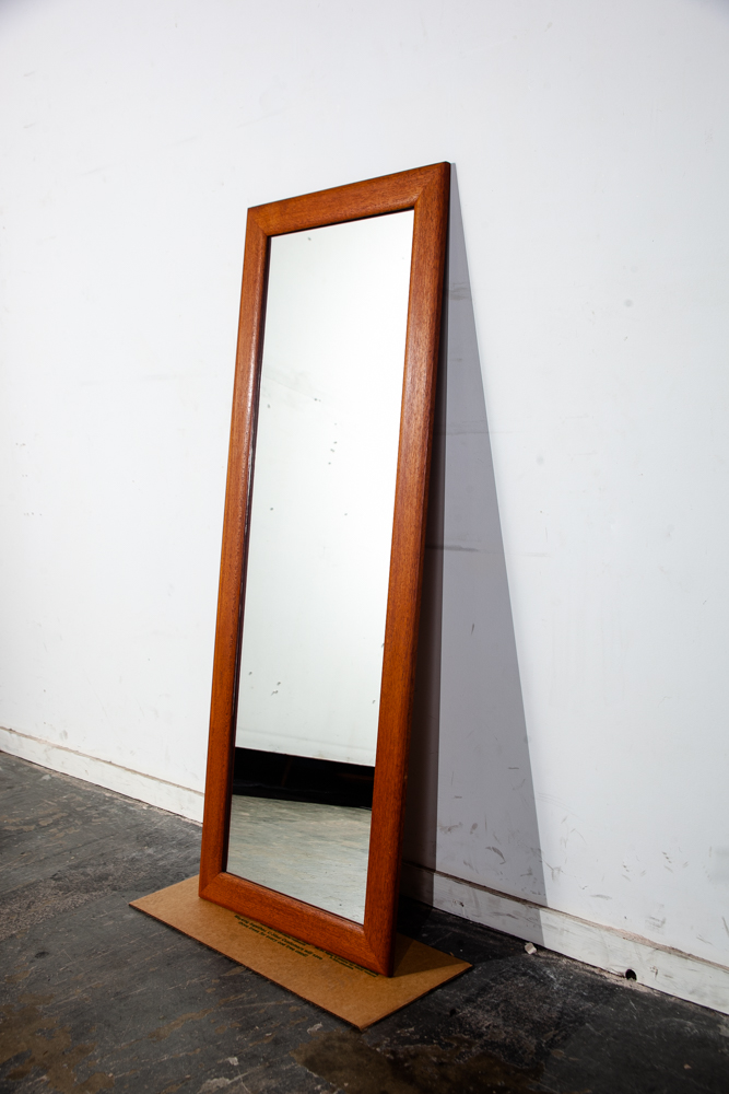 Mid Century Danish Modern Mirror Wall Hanging Bathroom Vanity Solid Teak Wood 48 H x 18 W