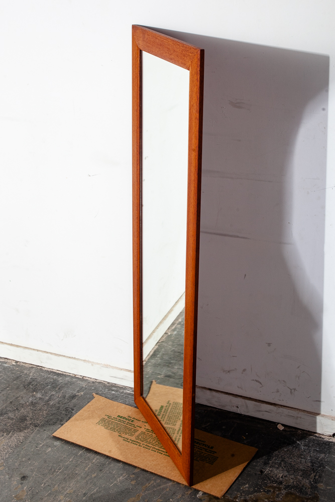Mid Century Danish Modern Mirror Wall Hanging Bathroom Vanity Solid Teak Wood 48 H x 18 W - Image 2
