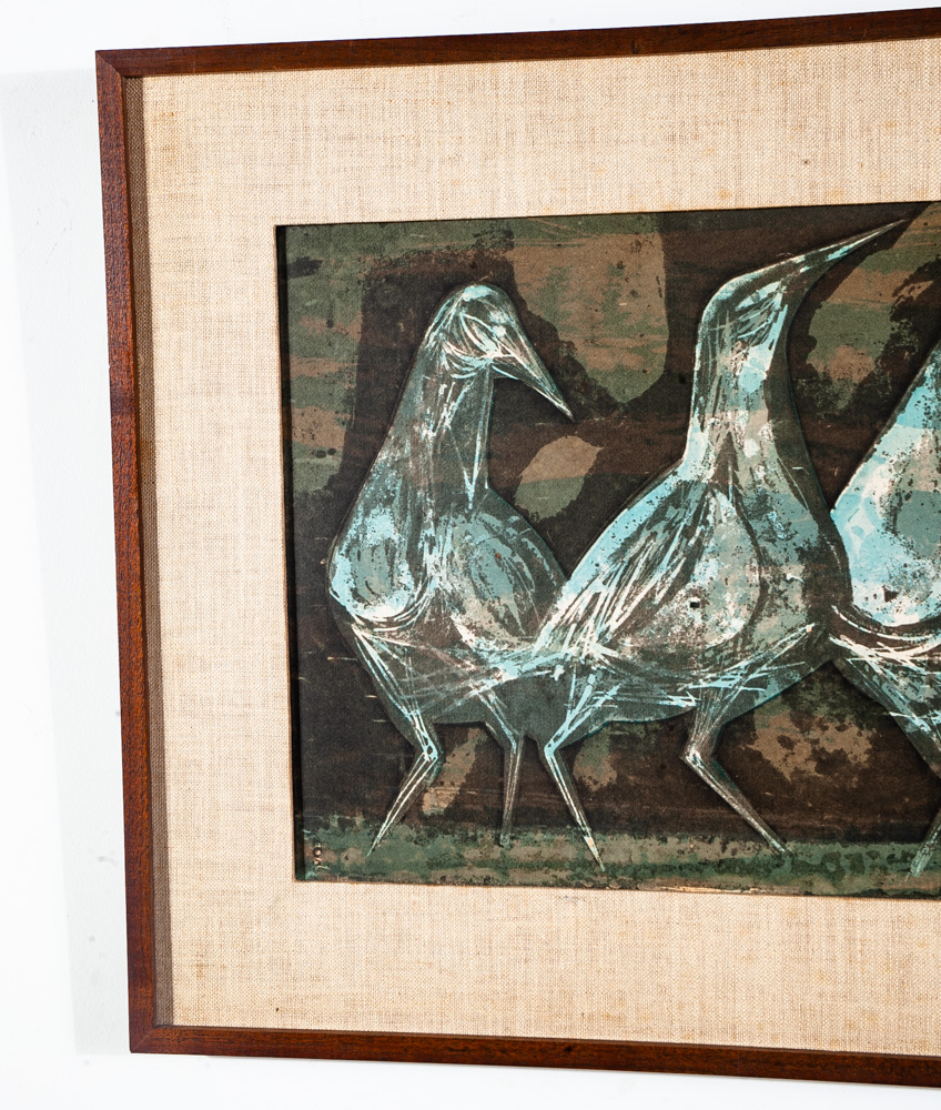 Mid Century Modern Art Serigraph Howard Bradford 1954 Birds Green Black Framed - Image 10