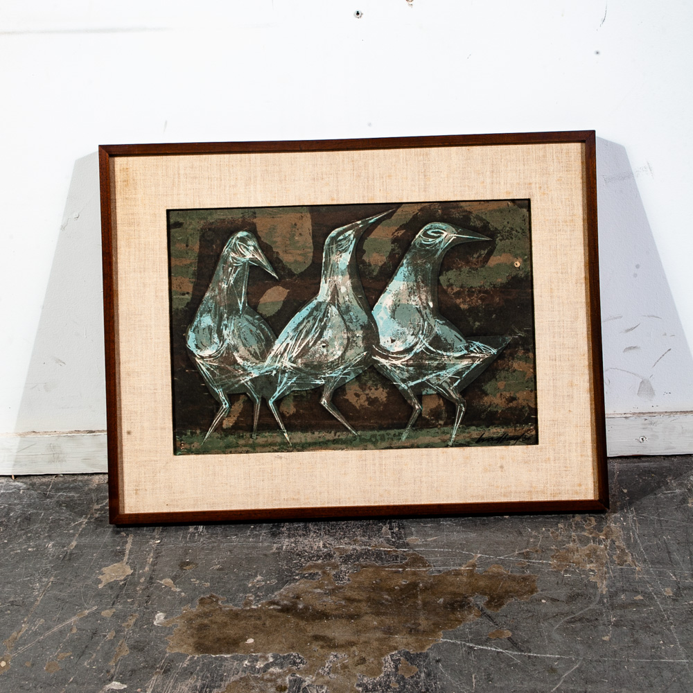 Mid Century Modern Art Serigraph Howard Bradford 1954 Birds Green Black Framed - Image 7