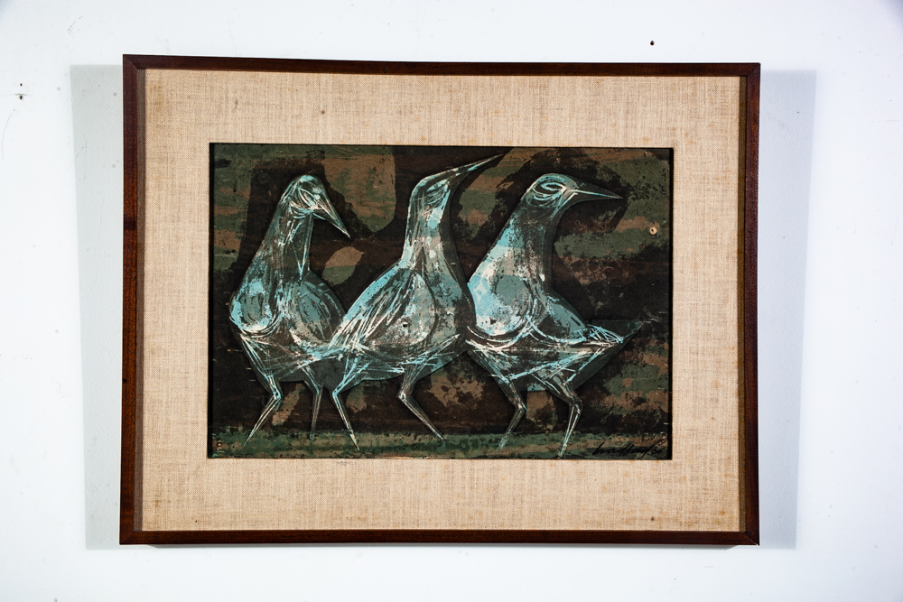 Mid Century Modern Art Serigraph Howard Bradford 1954 Birds Green Black Framed - Image 9