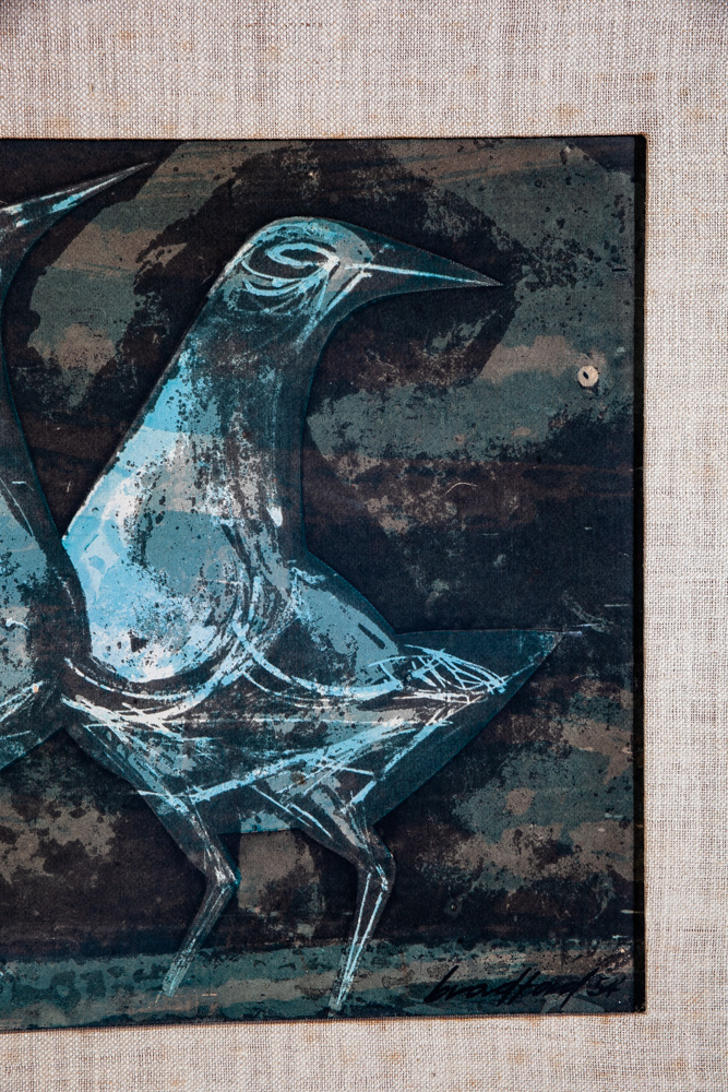 Mid Century Modern Art Serigraph Howard Bradford 1954 Birds Green Black Framed - Image 4
