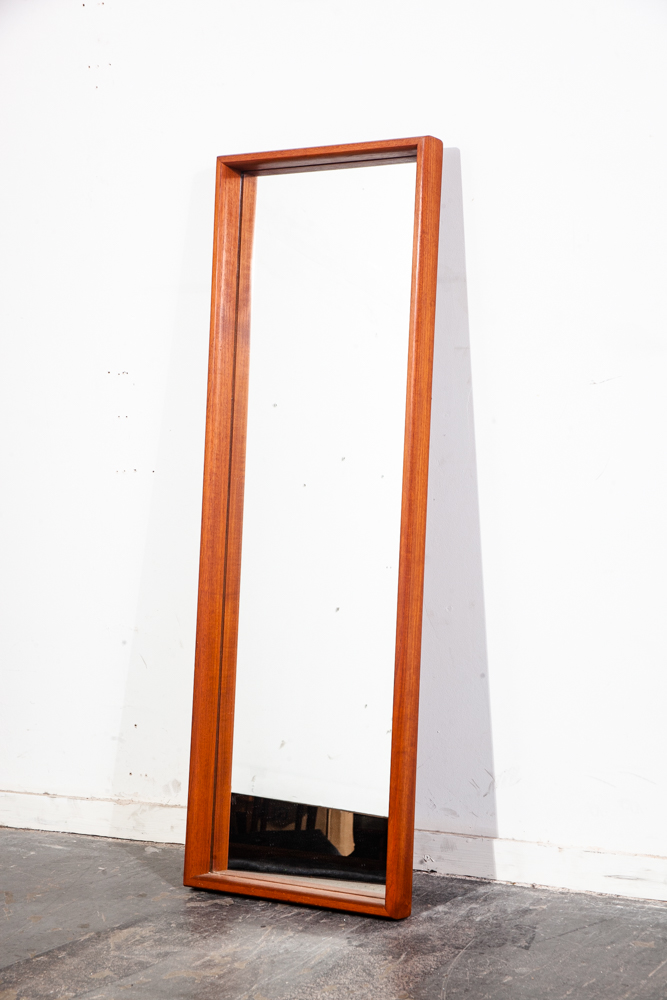 Mid Century Danish Modern Mirror Wall Hanging Bathroom Vanity Solid Teak Wood Denmark Large 44 H x 15 W