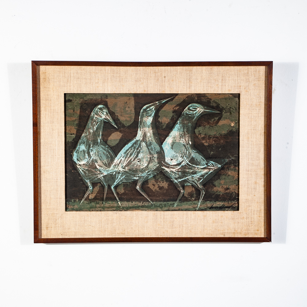 Mid Century Modern Art Serigraph Howard Bradford 1954 Birds Green Black Framed
