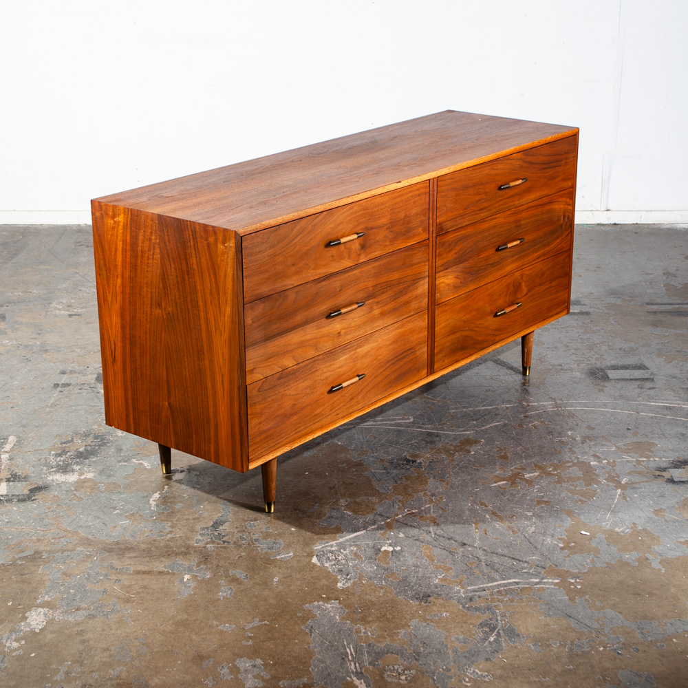 Mid Century Modern Dresser Credenza Kalpe Walnut 6 Drawer Vintage Danish Brass Denmark Torpedo Handles
