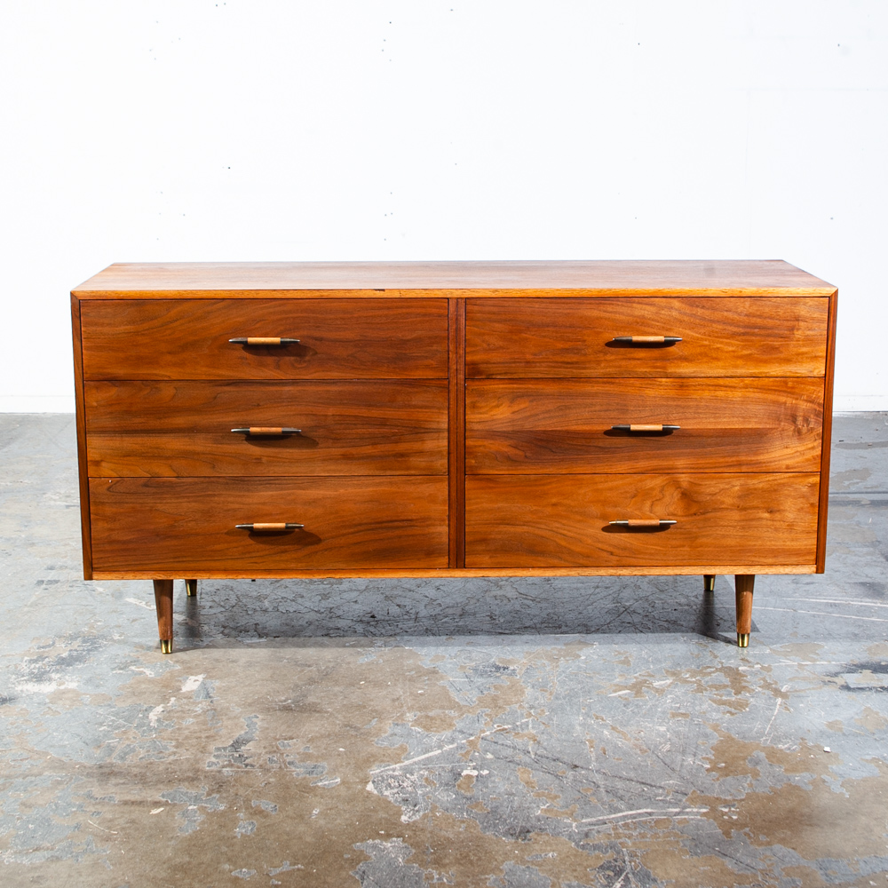 Mid Century Modern Dresser Credenza Kalpe Walnut 6 Drawer Vintage Danish Brass Denmark Torpedo Handles - Image 2