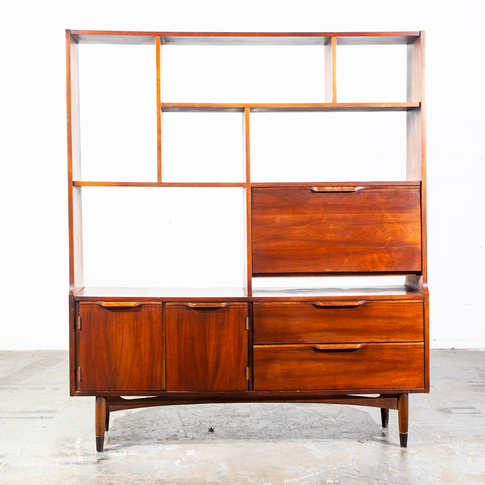 Mid Century Modern Room Divider Wall Unit Credenza Cabinet Walnut Vintage Danish Fold Down Desk - Image 2
