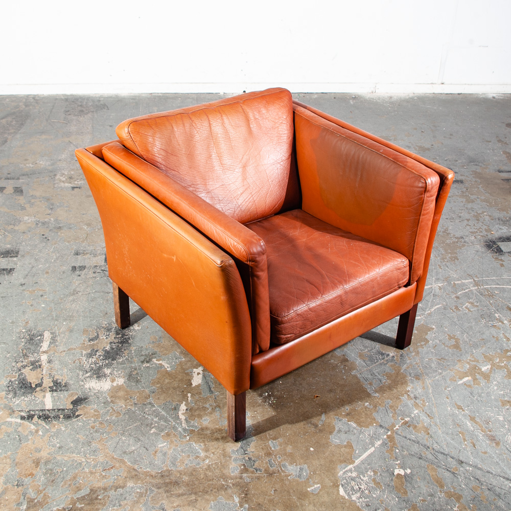 Mid Century Danish Modern Lounge Chair Leather Cognac Leather Easy Borge Mogensen Tan Brown Thick Square Cube Georg Thams - Image 2