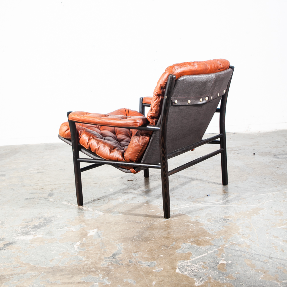 Mid Century Danish Modern Lounge Chair Set Dux Bruno Mathsson Cognac Tufted Leather Black Oak Armchairs Recliner Set Pair - Image 8