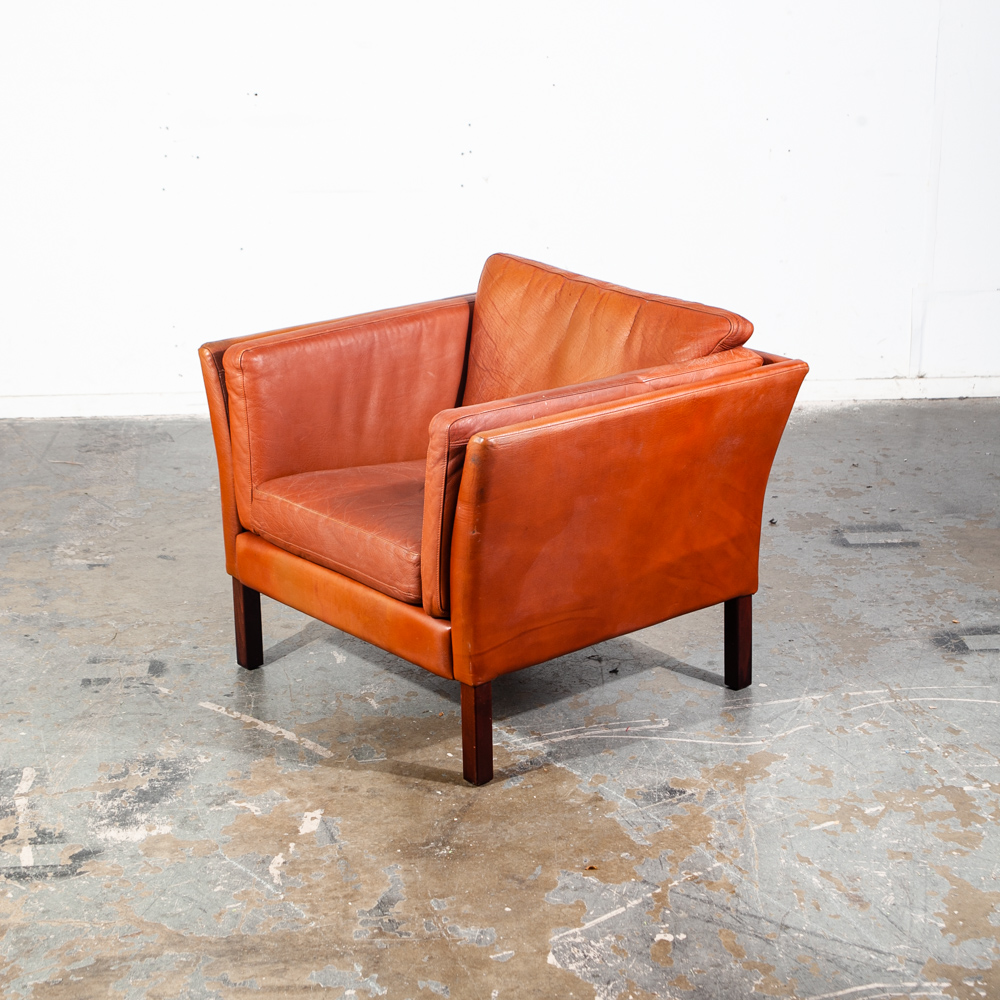 Mid Century Danish Modern Lounge Chair Leather Cognac Leather Easy Borge Mogensen Tan Brown Thick Square Cube Georg Thams