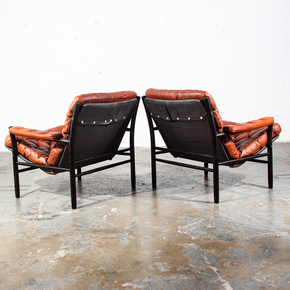 Mid Century Danish Modern Lounge Chair Set Dux Bruno Mathsson Cognac Tufted Leather Black Oak Armchairs Recliner Set Pair - Image 4