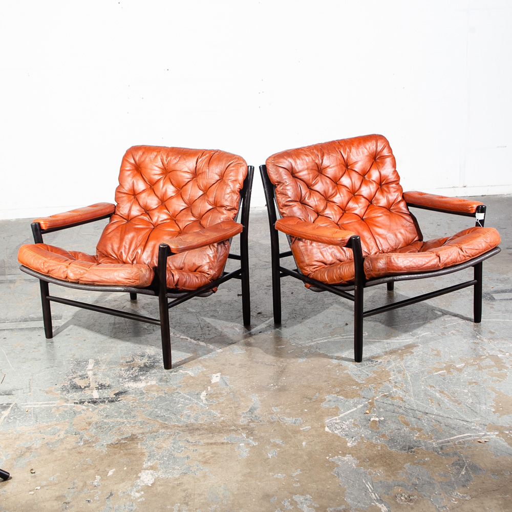 Mid Century Danish Modern Lounge Chair Set Dux Bruno Mathsson Cognac Tufted Leather Black Oak Armchairs Recliner Set Pair