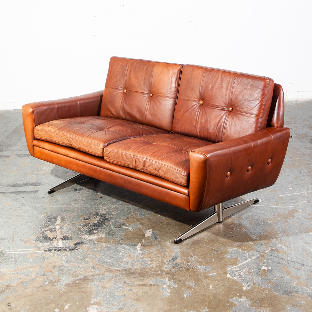 Mid Century Danish Modern Sofa Settee Svend Skipper Cognac Brown Leather Denmark Tandem 2 Seater