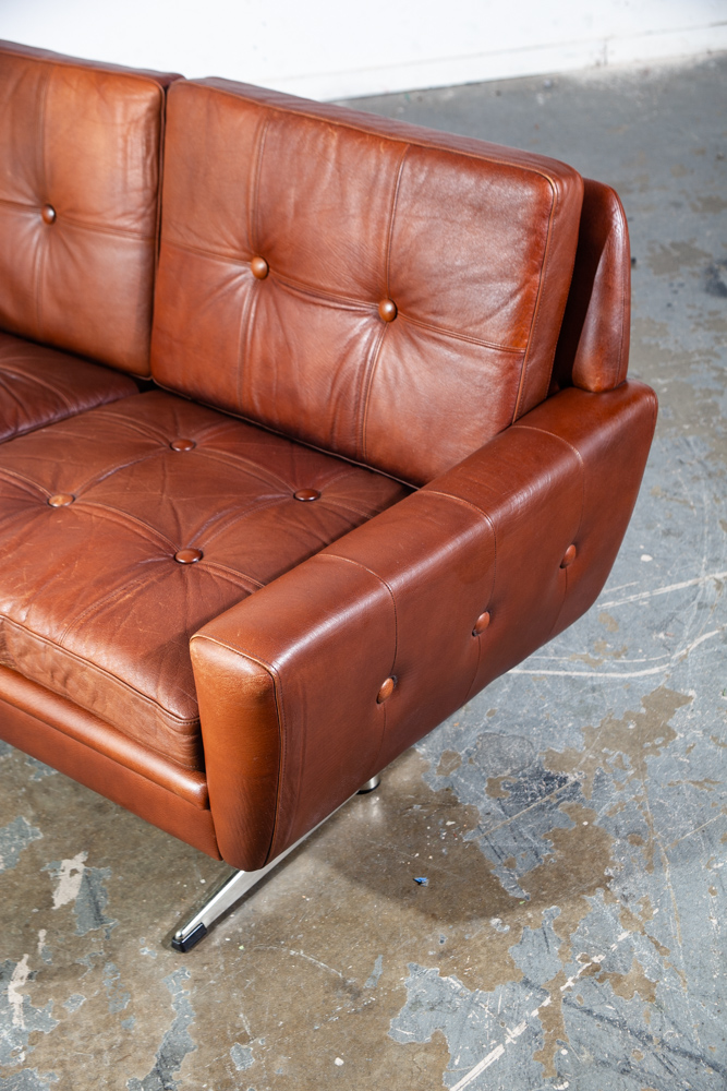 Mid Century Danish Modern Sofa Settee Svend Skipper Cognac Brown Leather Denmark Tandem 2 Seater - Image 10