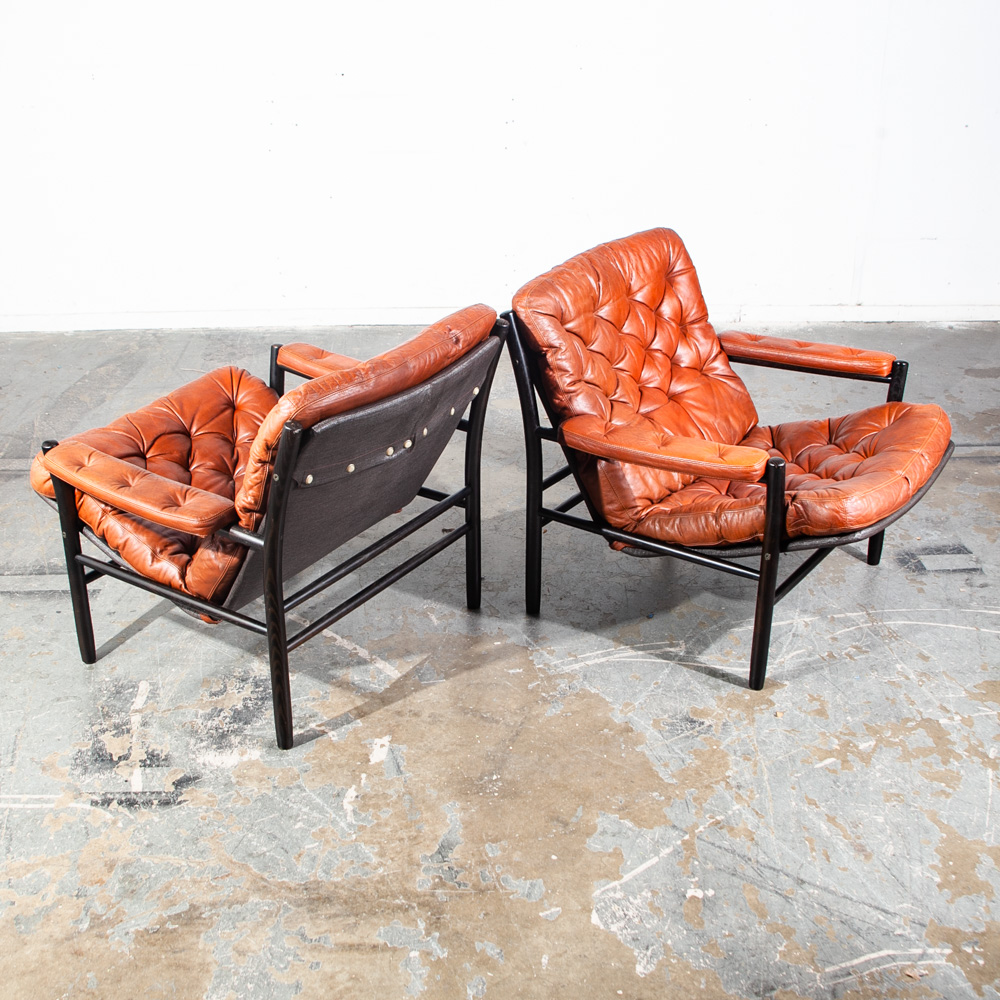 Mid Century Danish Modern Lounge Chair Set Dux Bruno Mathsson Cognac Tufted Leather Black Oak Armchairs Recliner Set Pair - Image 5
