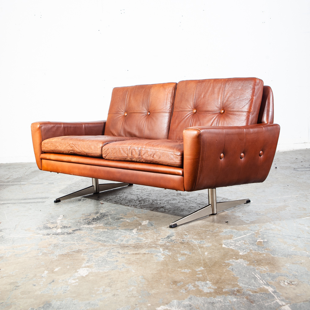 Mid Century Danish Modern Sofa Settee Svend Skipper Cognac Brown Leather Denmark Tandem 2 Seater - Image 3