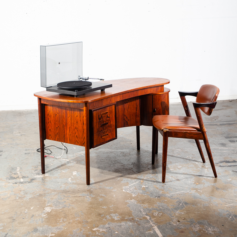 Mid Century Danish Modern Desk Executive Brazilian Rosewood Kai Kristiansen Boomerang Vintage Solid Bookshelf Bar - Image 3