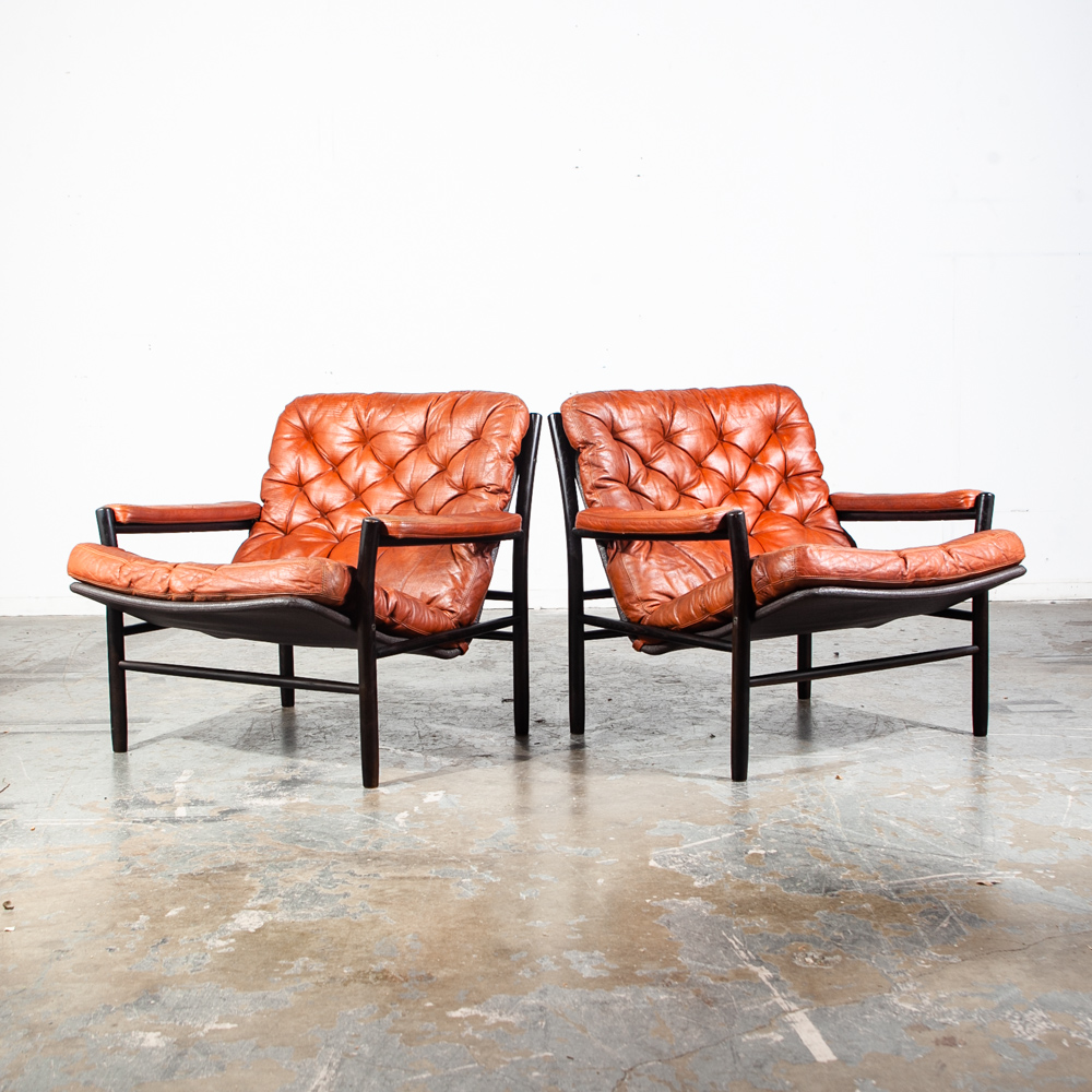 Mid Century Danish Modern Lounge Chair Set Dux Bruno Mathsson Cognac Tufted Leather Black Oak Armchairs Recliner Set Pair - Image 3