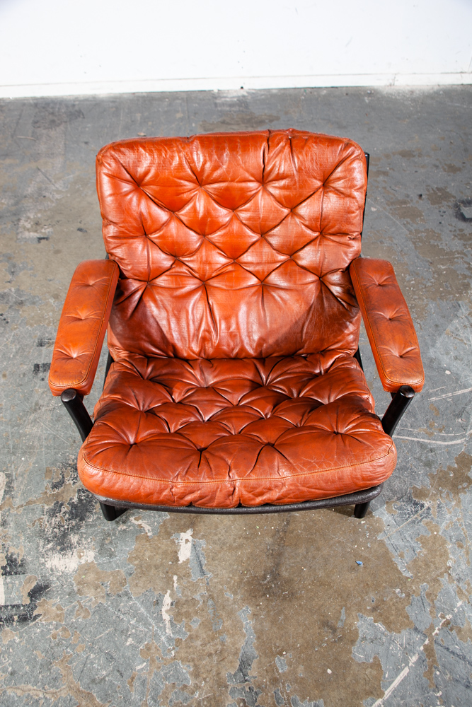 Mid Century Danish Modern Lounge Chair Set Dux Bruno Mathsson Cognac Tufted Leather Black Oak Armchairs Recliner Set Pair - Image 7