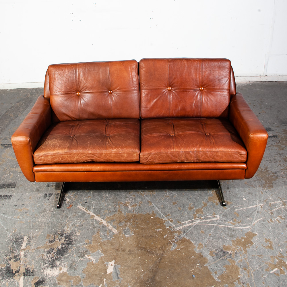 Mid Century Danish Modern Sofa Settee Svend Skipper Cognac Brown Leather Denmark Tandem 2 Seater - Image 5