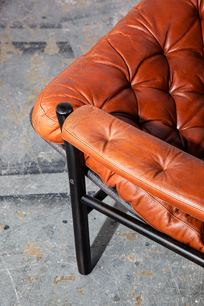 Mid Century Danish Modern Lounge Chair Set Dux Bruno Mathsson Cognac Tufted Leather Black Oak Armchairs Recliner Set Pair - Image 10