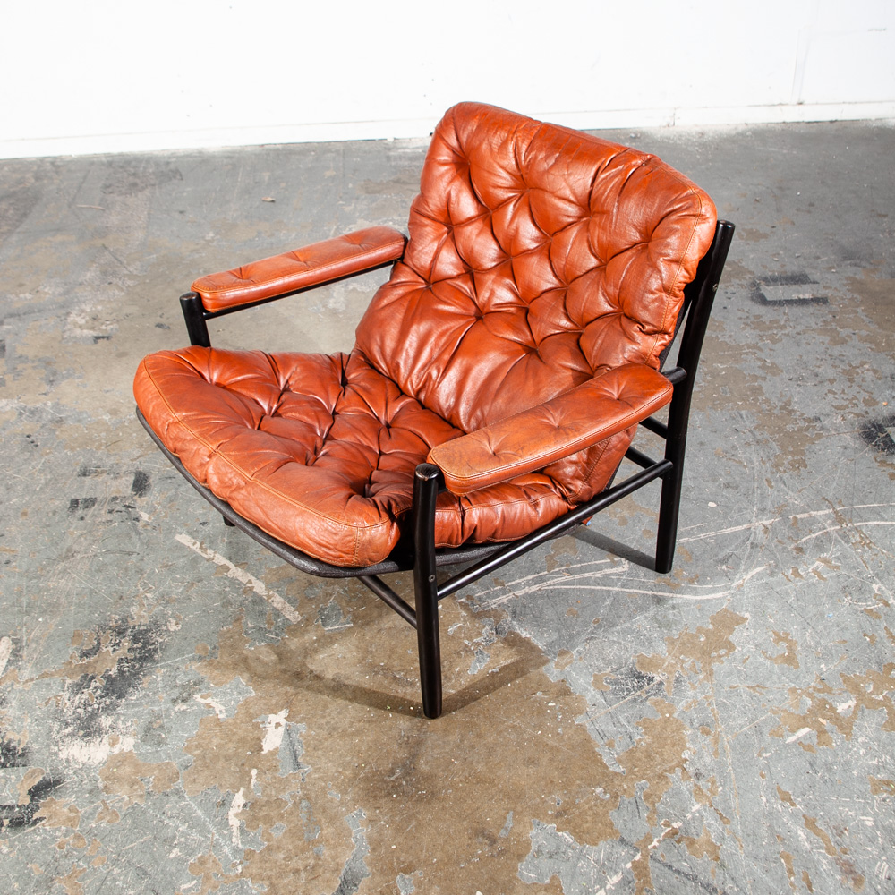 Mid Century Danish Modern Lounge Chair Set Dux Bruno Mathsson Cognac Tufted Leather Black Oak Armchairs Recliner Set Pair - Image 6