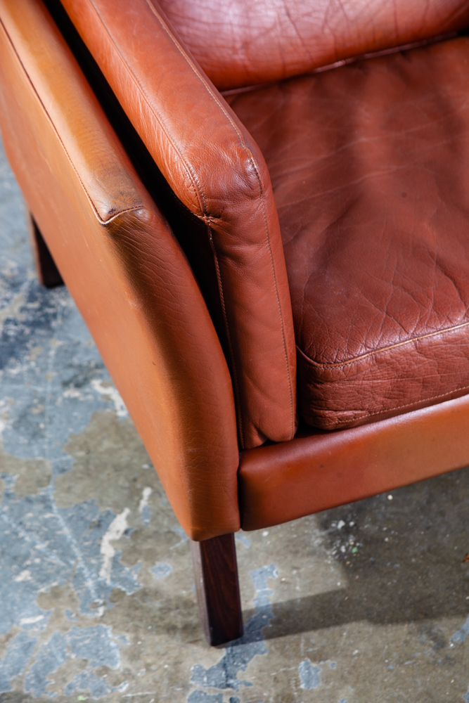 Mid Century Danish Modern Lounge Chair Leather Cognac Leather Easy Borge Mogensen Tan Brown Thick Square Cube Georg Thams - Image 7