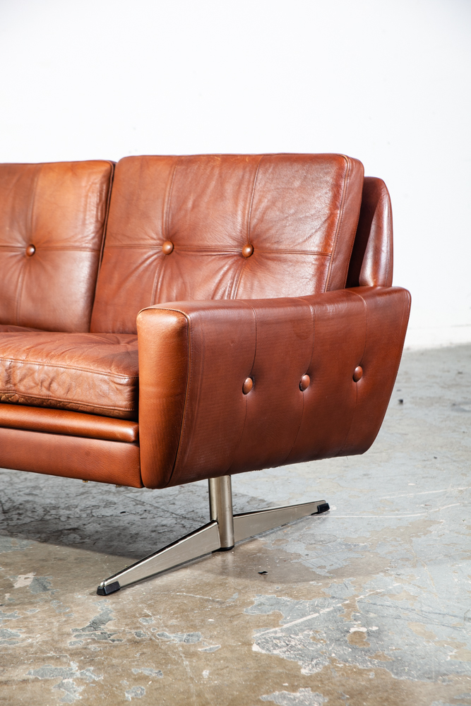 Mid Century Danish Modern Sofa Settee Svend Skipper Cognac Brown Leather Denmark Tandem 2 Seater - Image 11