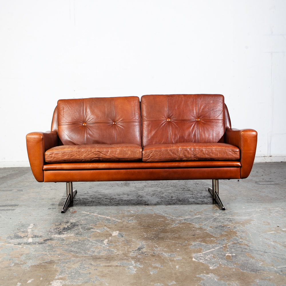 Mid Century Danish Modern Sofa Settee Svend Skipper Cognac Brown Leather Denmark Tandem 2 Seater - Image 2