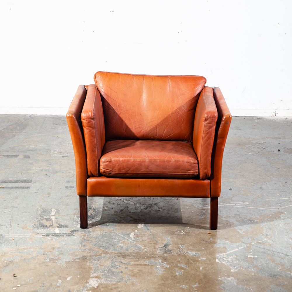 Mid Century Danish Modern Lounge Chair Leather Cognac Leather Easy Borge Mogensen Tan Brown Thick Square Cube Georg Thams - Image 3