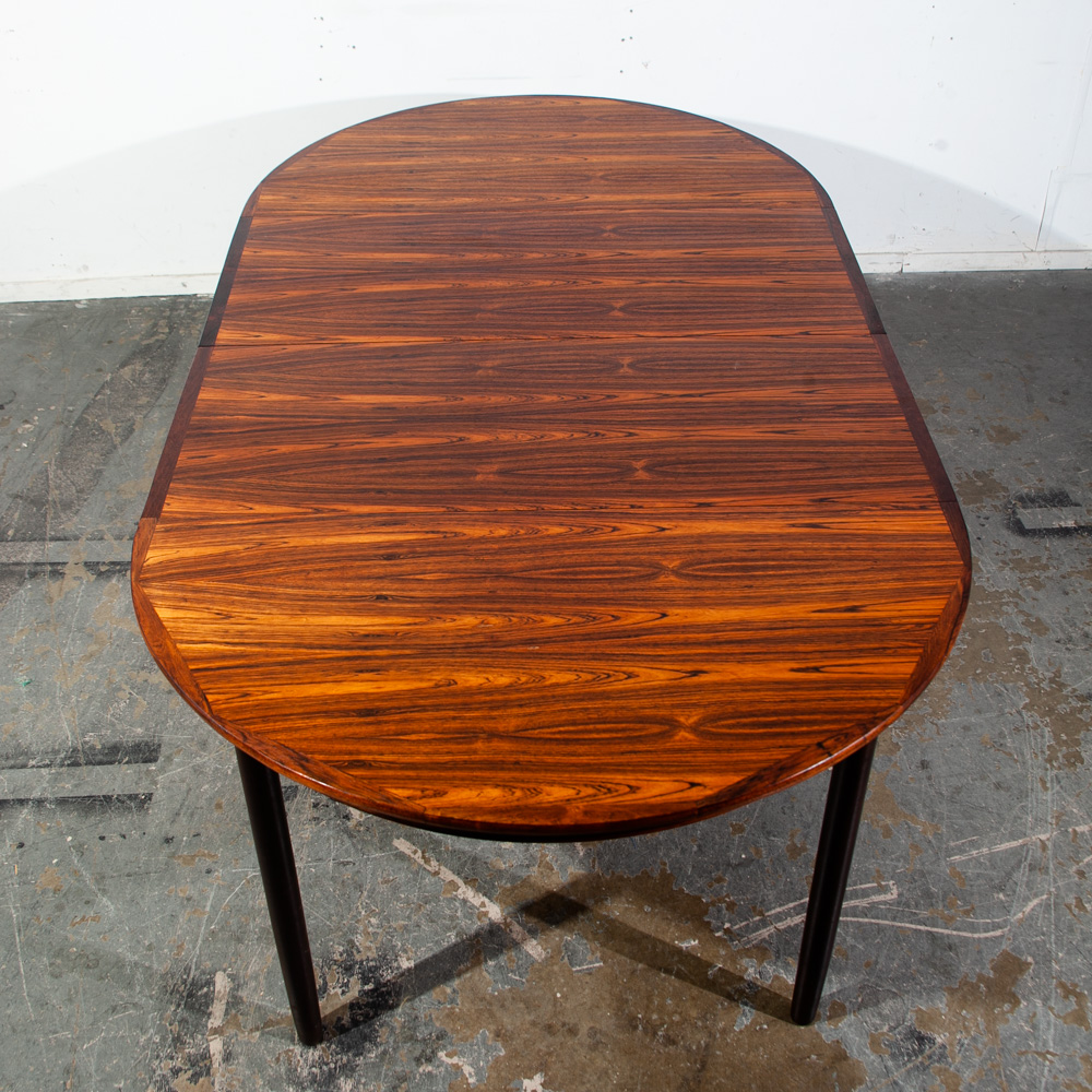 Mid Century Danish Modern Dining Table Round Oval Solid Brazilian Rosewood Extension leaf x 3 Denmark Restored Vintage