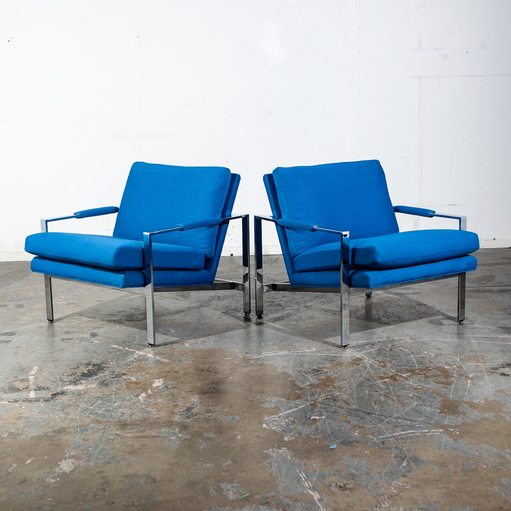 Mid Century Modern Lounge Chair Set Milo Baughman Thayer Coggin Blue Chrome Easy Armchair Maharam Reupholstered Restored - Image 7