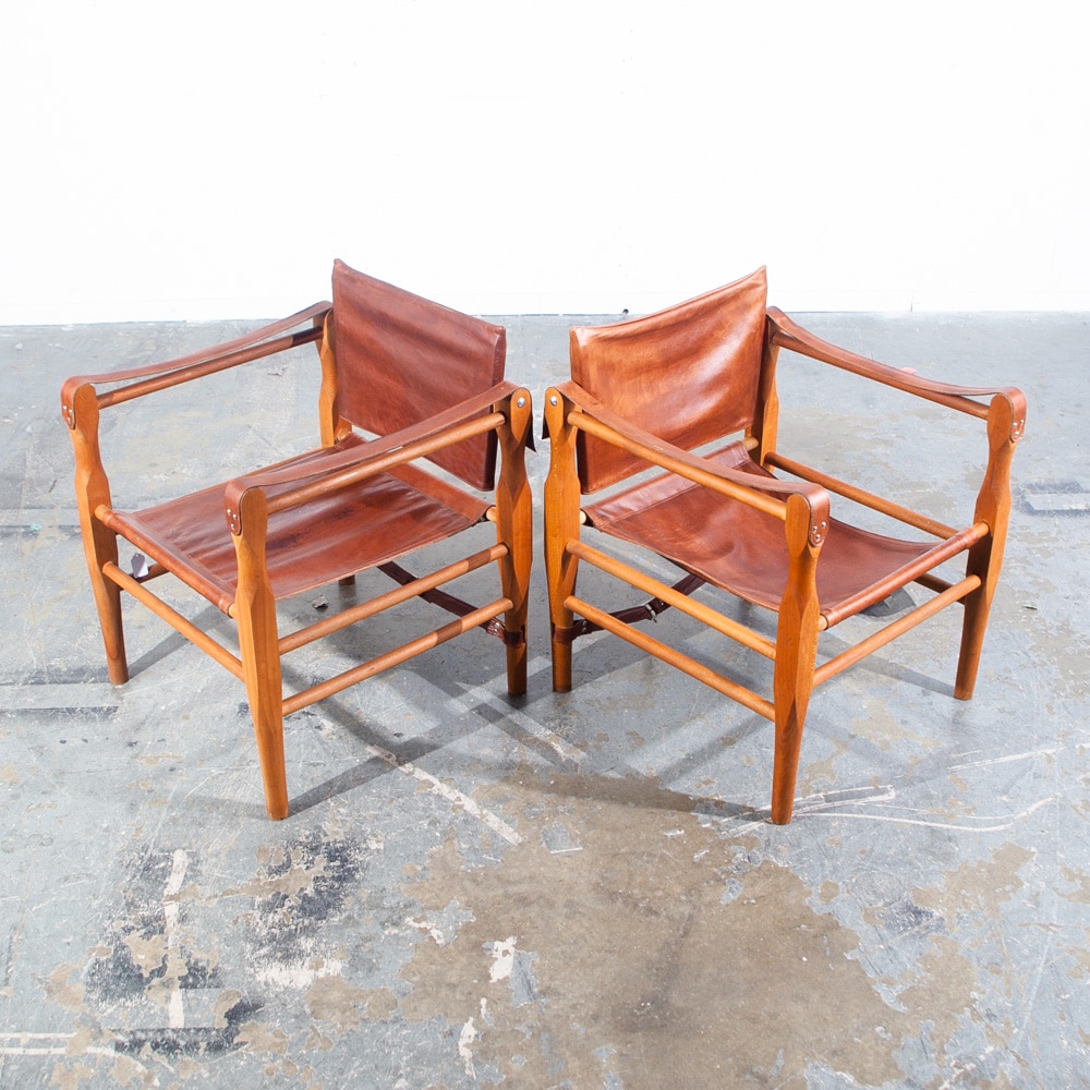 Mid Century Danish Modern lounge Chairs Safari Brown Leather Arm Kaare Klint Tan Beech Wood Denmark