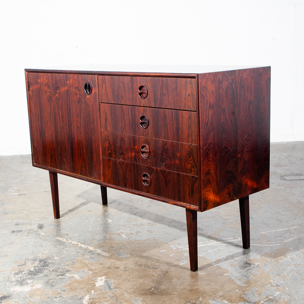 Mid Century Danish Modern Credenza Sideboard Brazilian Rosewood Denmark Drawers Round Handles Pulls Compact Small - Image 3