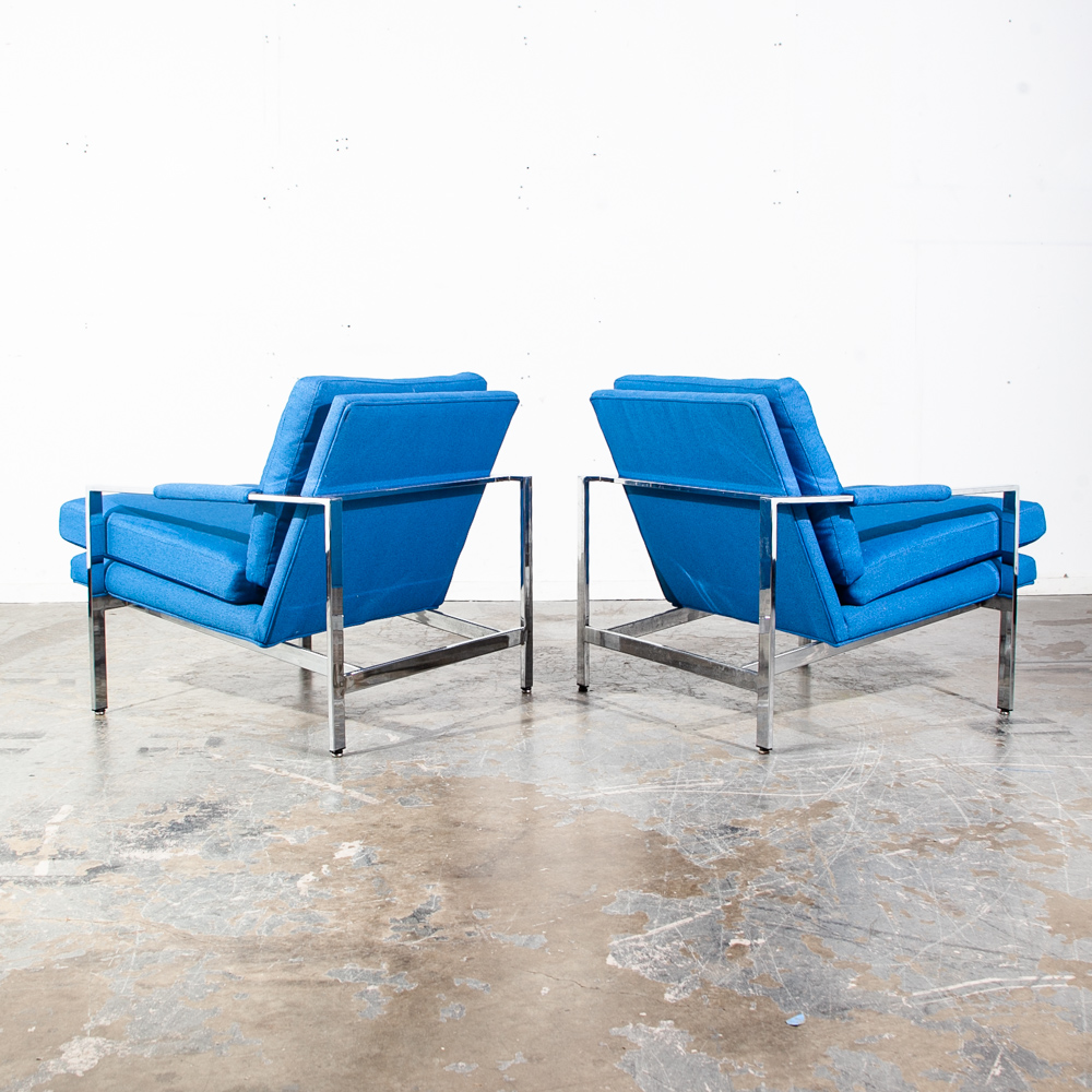 Mid Century Modern Lounge Chair Set Milo Baughman Thayer Coggin Blue Chrome Easy Armchair Maharam Reupholstered Restored - Image 2