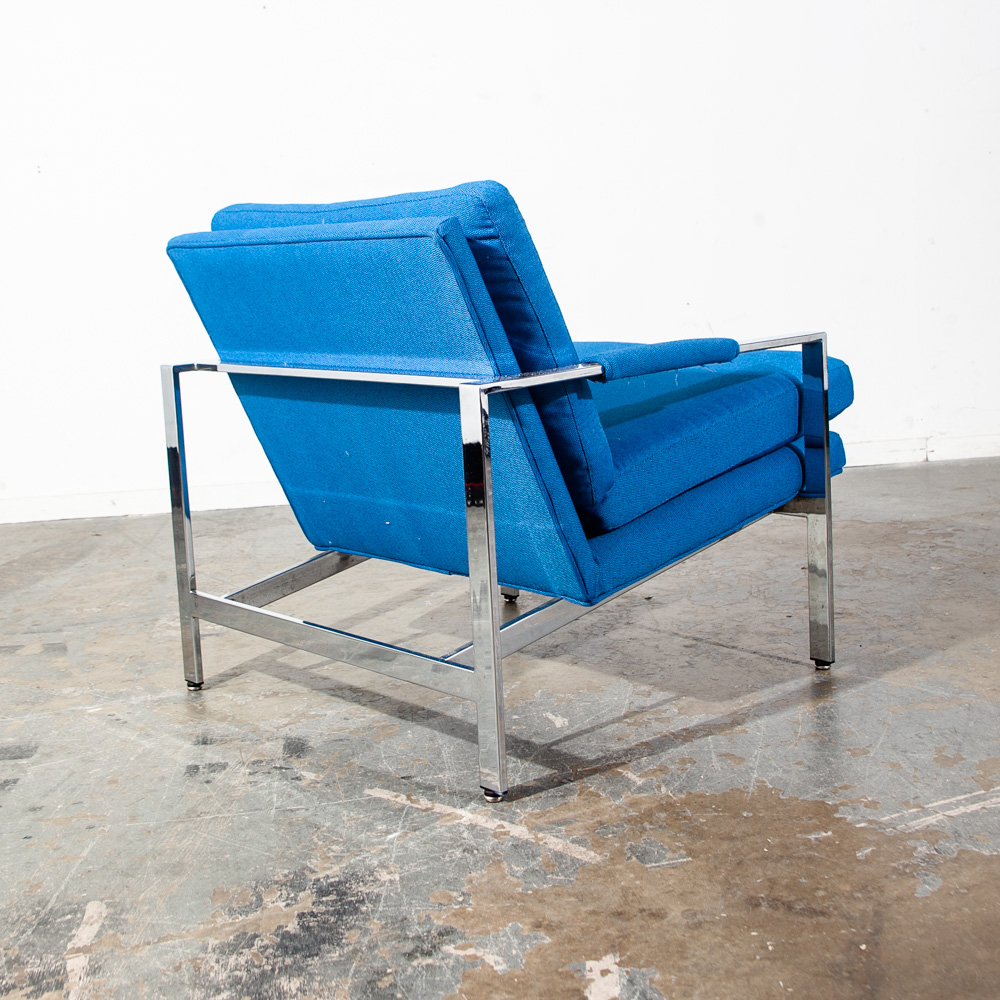 Mid Century Modern Lounge Chair Set Milo Baughman Thayer Coggin Blue Chrome Easy Armchair Maharam Reupholstered Restored - Image 4