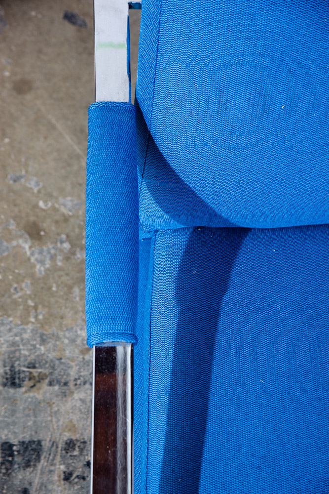 Mid Century Modern Lounge Chair Set Milo Baughman Thayer Coggin Blue Chrome Easy Armchair Maharam Reupholstered Restored - Image 9