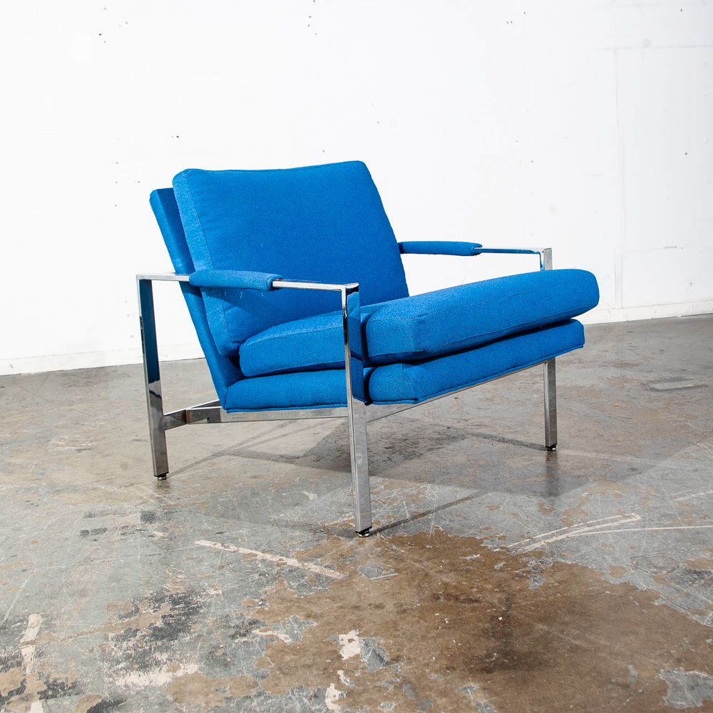 Mid Century Modern Lounge Chair Set Milo Baughman Thayer Coggin Blue Chrome Easy Armchair Maharam Reupholstered Restored - Image 6